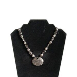 Chico's Silver Toned Heavyweight Metal Beaded Oval Pendant Bohemian Necklace